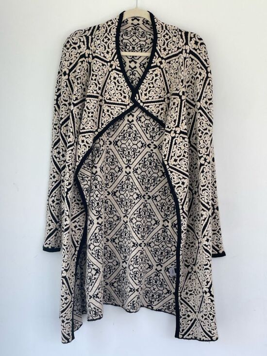 Luii Sweaters - Luii Womens Cream, Gold, and Black Jacquard Knit Open Duster Cardigan XL
